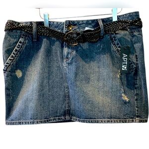 APT. 9  Women’s Blue Denim Distressed Mini Skirt with Black Braided Belt Size 18